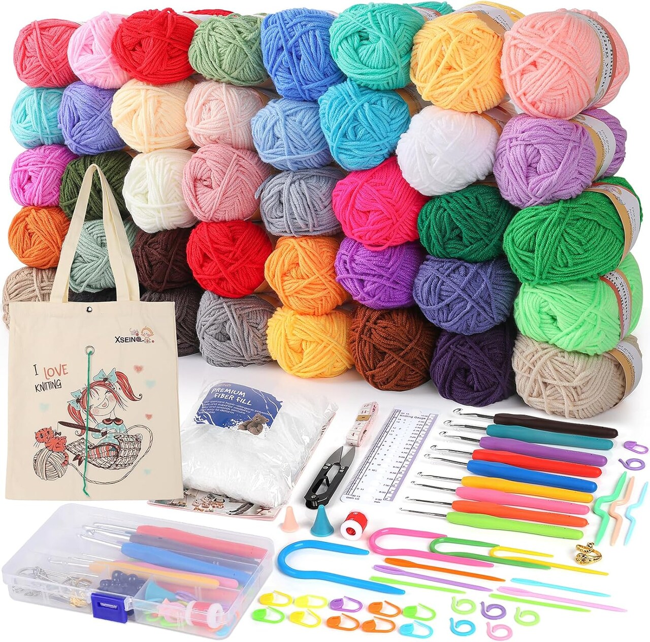 Crochet Kit with Hooks & Yarn Set – 40-Color Yarn Balls, Complete Beginner Bundle with Accessories, Storage Bag, and Video Tutorials